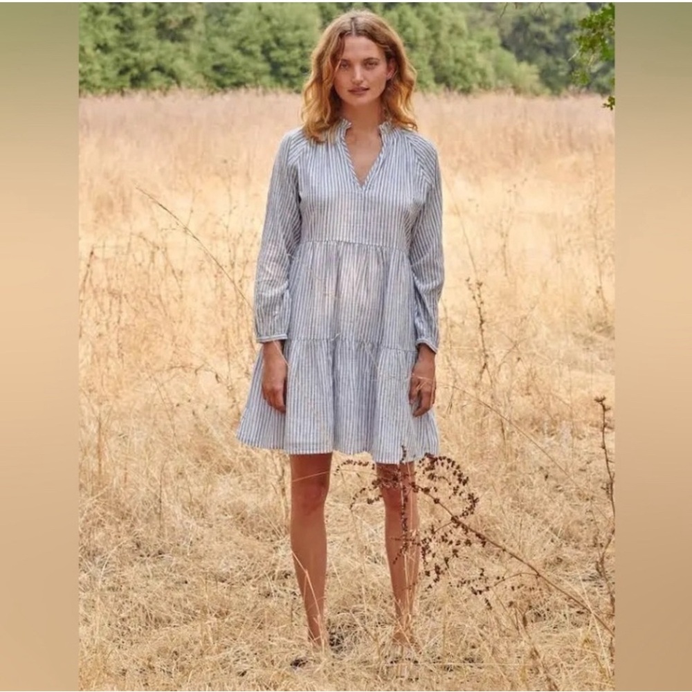 White + Chambray Tiered Dress with 3/4 length sleeves.